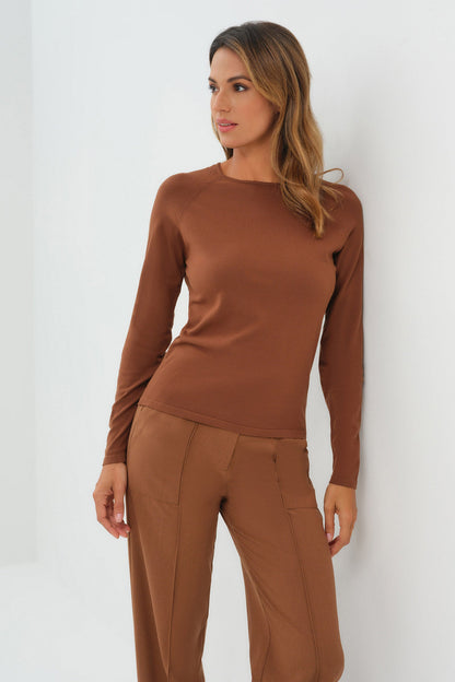 Connie Sweater Knit Baseball Sleeve Shirt in Brunette