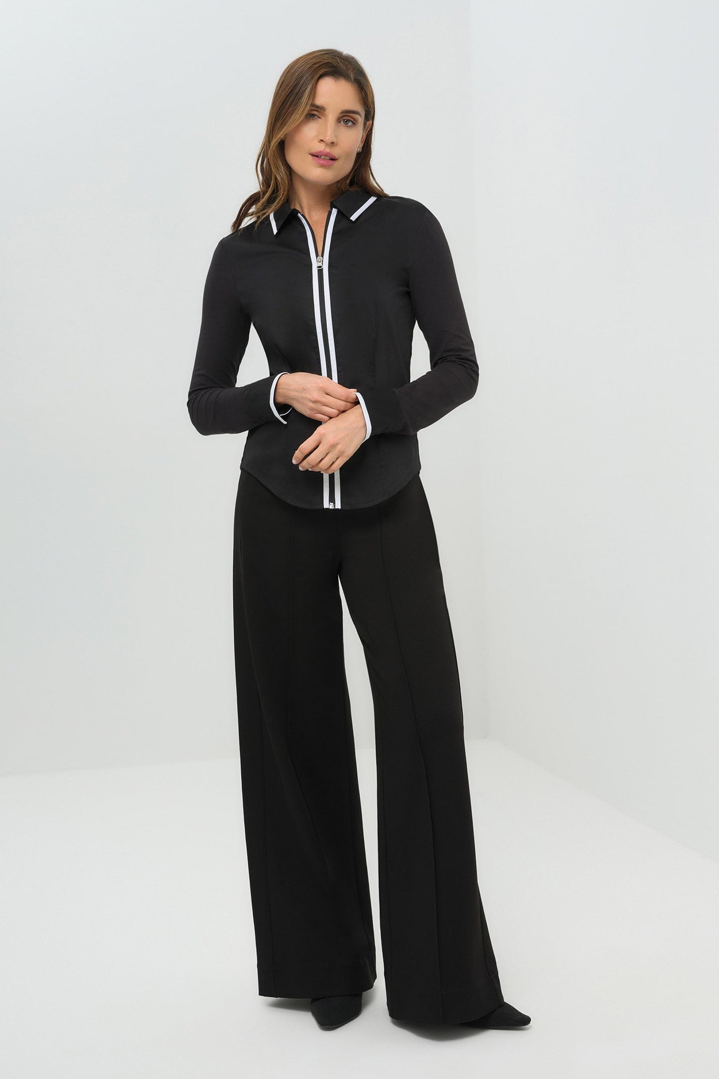 Bruna Collared Zip Top with Poplin Front