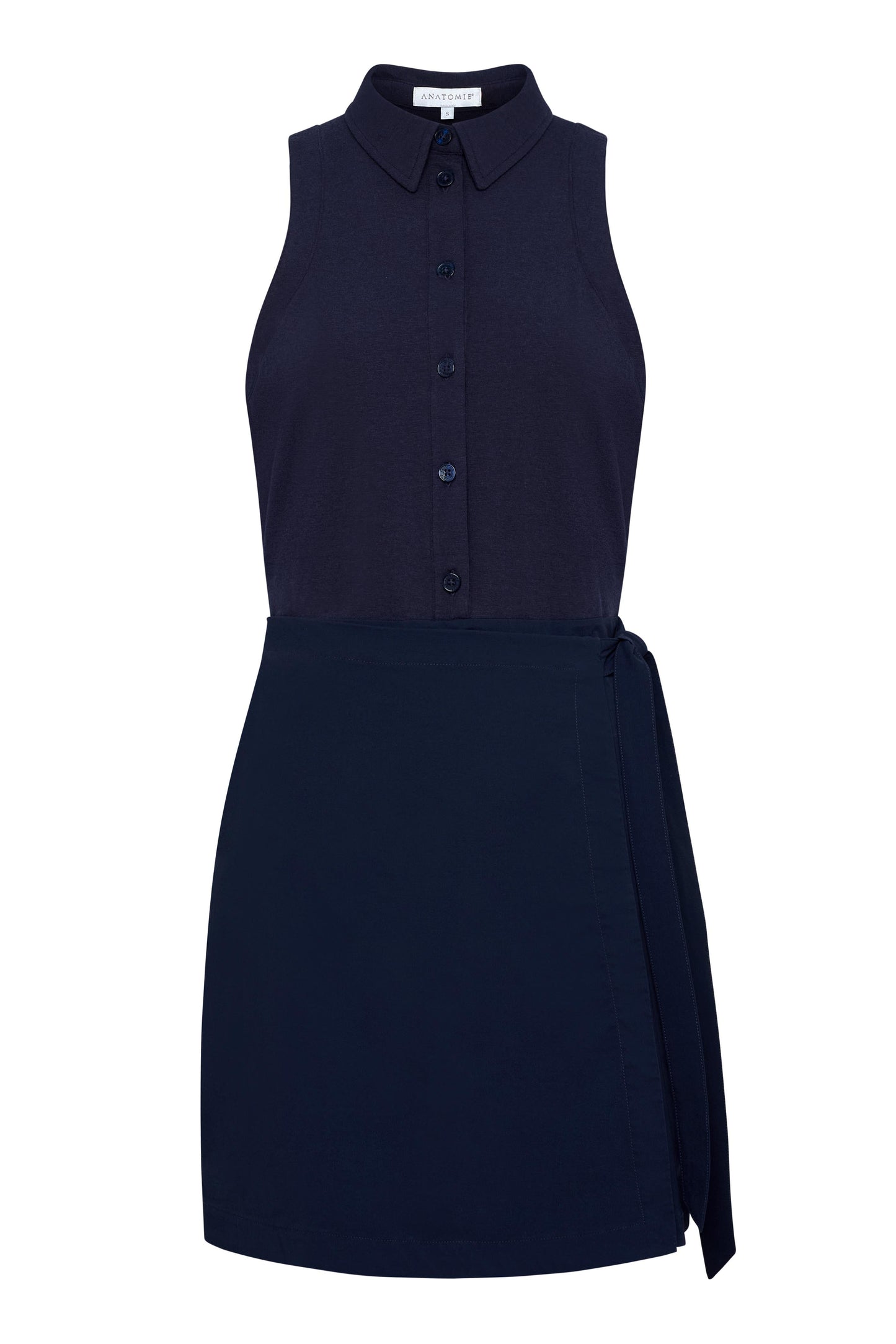 Milana Sleeveless Collared Button Up Wrap Dress in Navy
