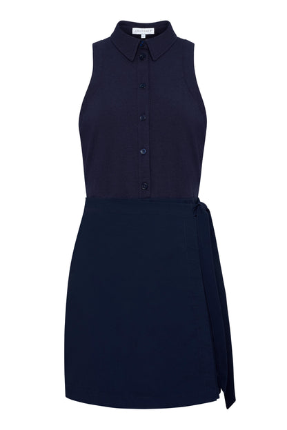 Milana Sleeveless Collared Button Up Wrap Dress in Navy